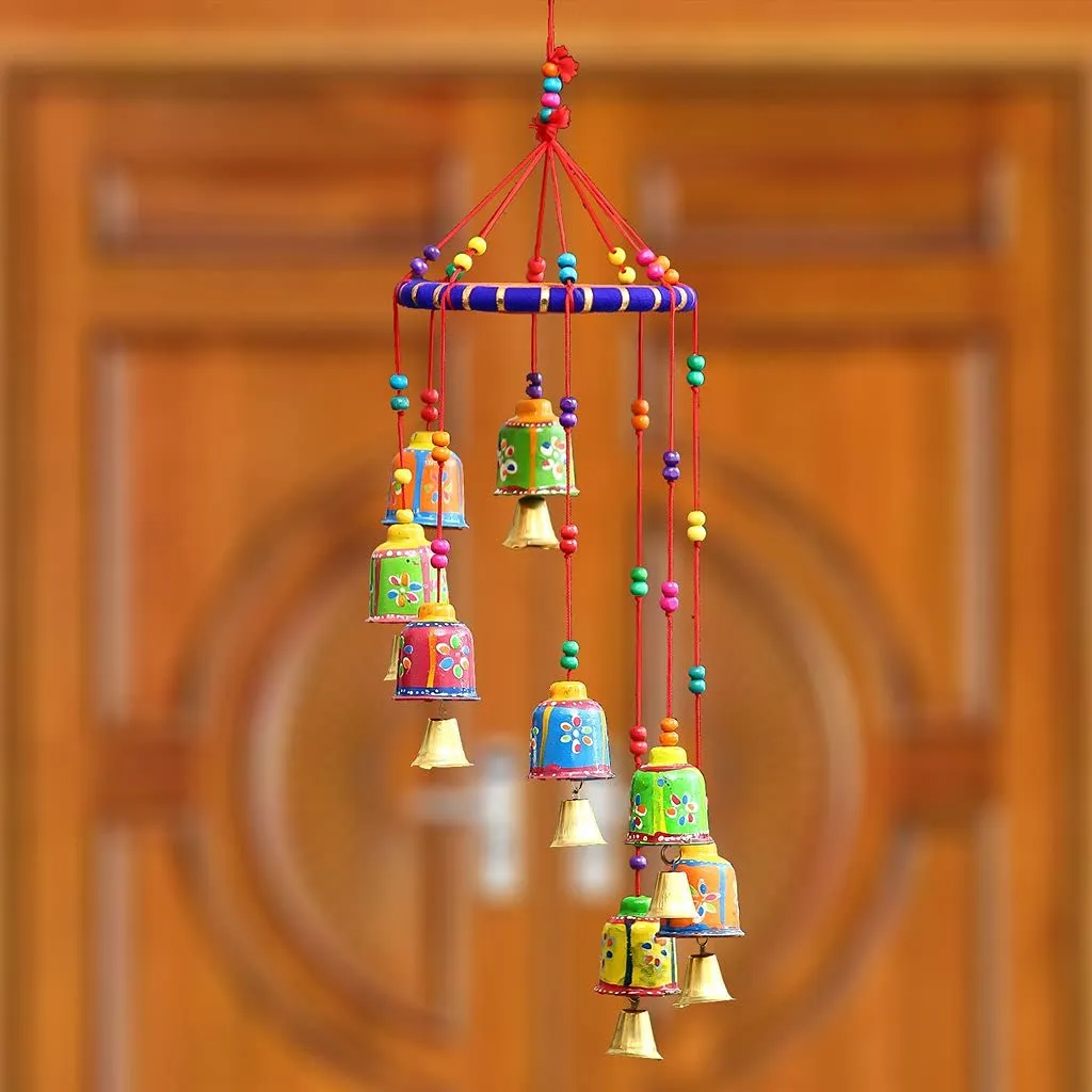 eCraftIndia handicrafted Decorative Wall/Door/Window Hanging Bells Wind Chimes Showpiece & eCraftIndia Cotton Door Hanging (Multicolour, 5 X 5 X 14 Inch)