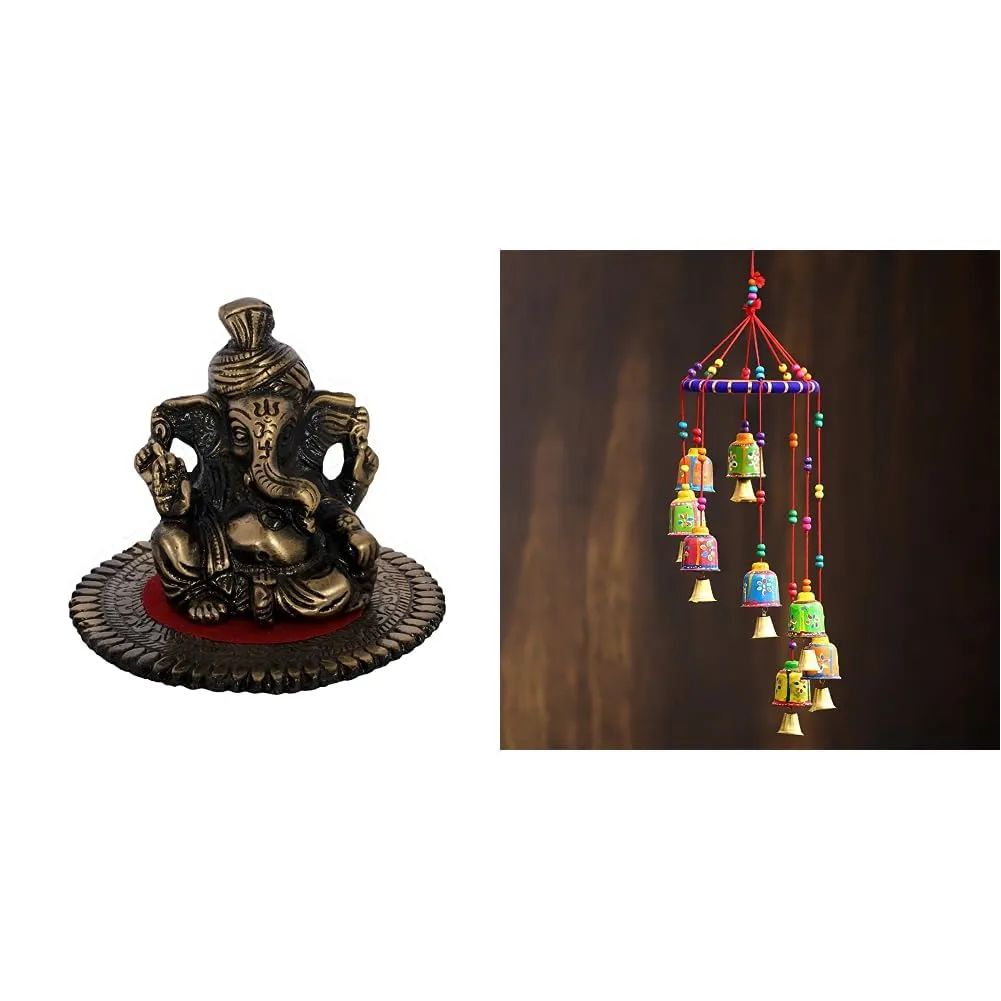 eCraftIndia Pagdi Metal Lord Ganesha on Round Base (10.2 cm x 10.2 cm x 7.6 cm, Brown) & eCraftIndia handicrafted Decorative Wall/Door/Window Hanging Bells Wind Chimes Showpiece