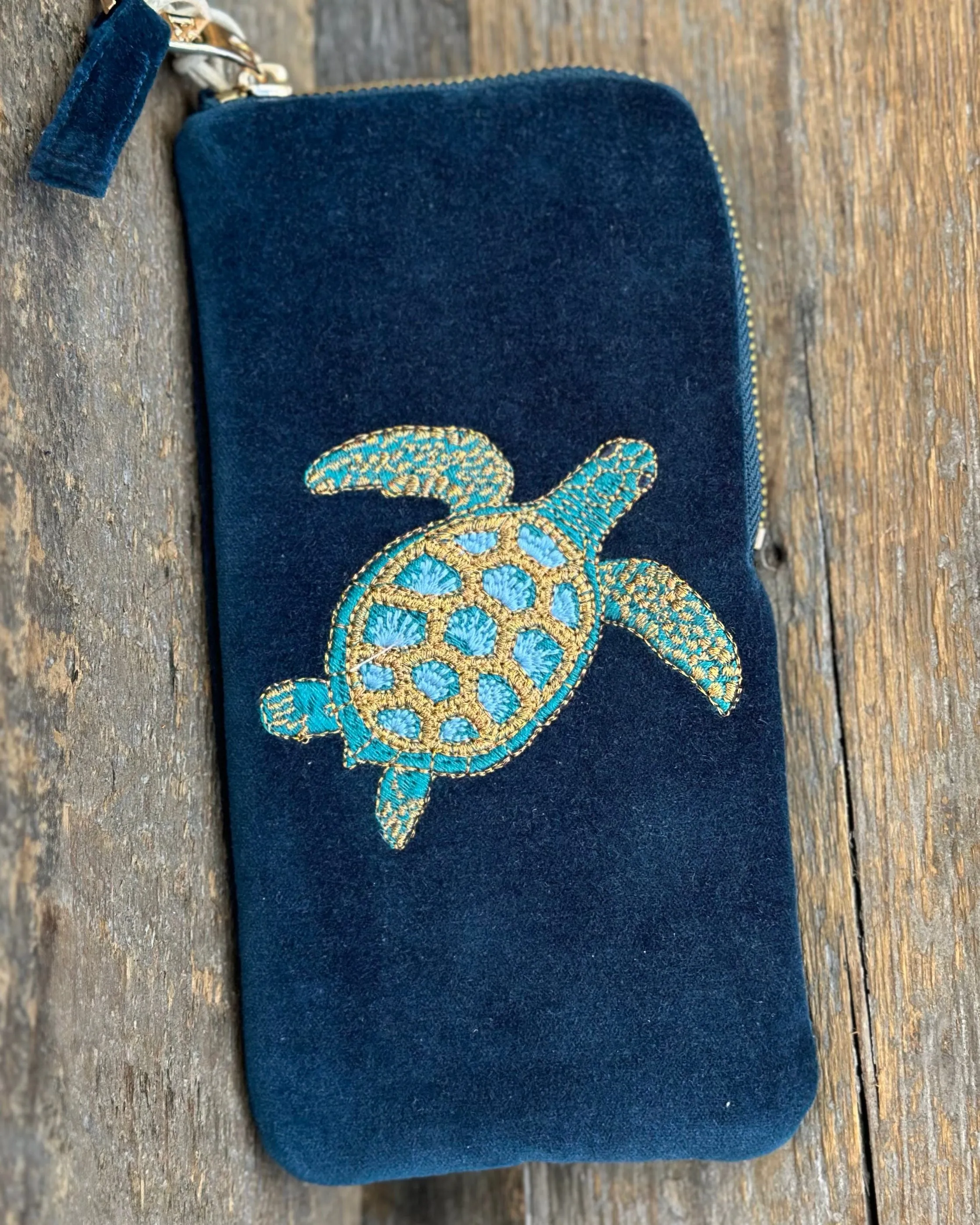 Embroidered Turtle Glasses Pouch - Marine Navy