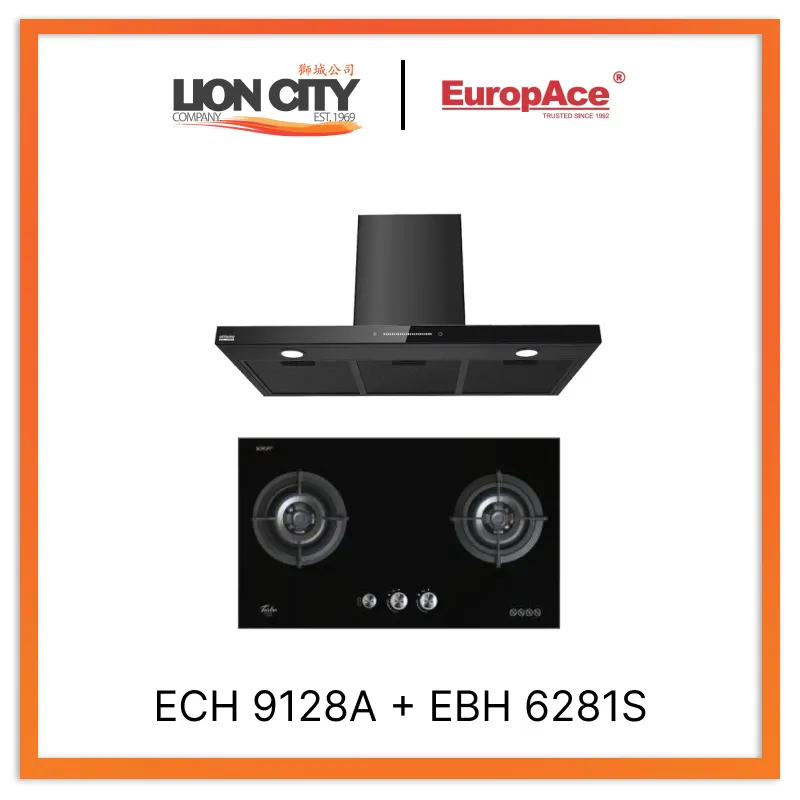 Europace ECH9128A 90cm Premium T-Chimney Hood Full   EBH6281S 2 Burner 80cm Slim Gas Cooker Hob (Schott Glass)