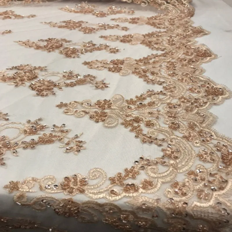 Floral Embroidered Bridal Wedding Beaded Mesh Lace Fabric