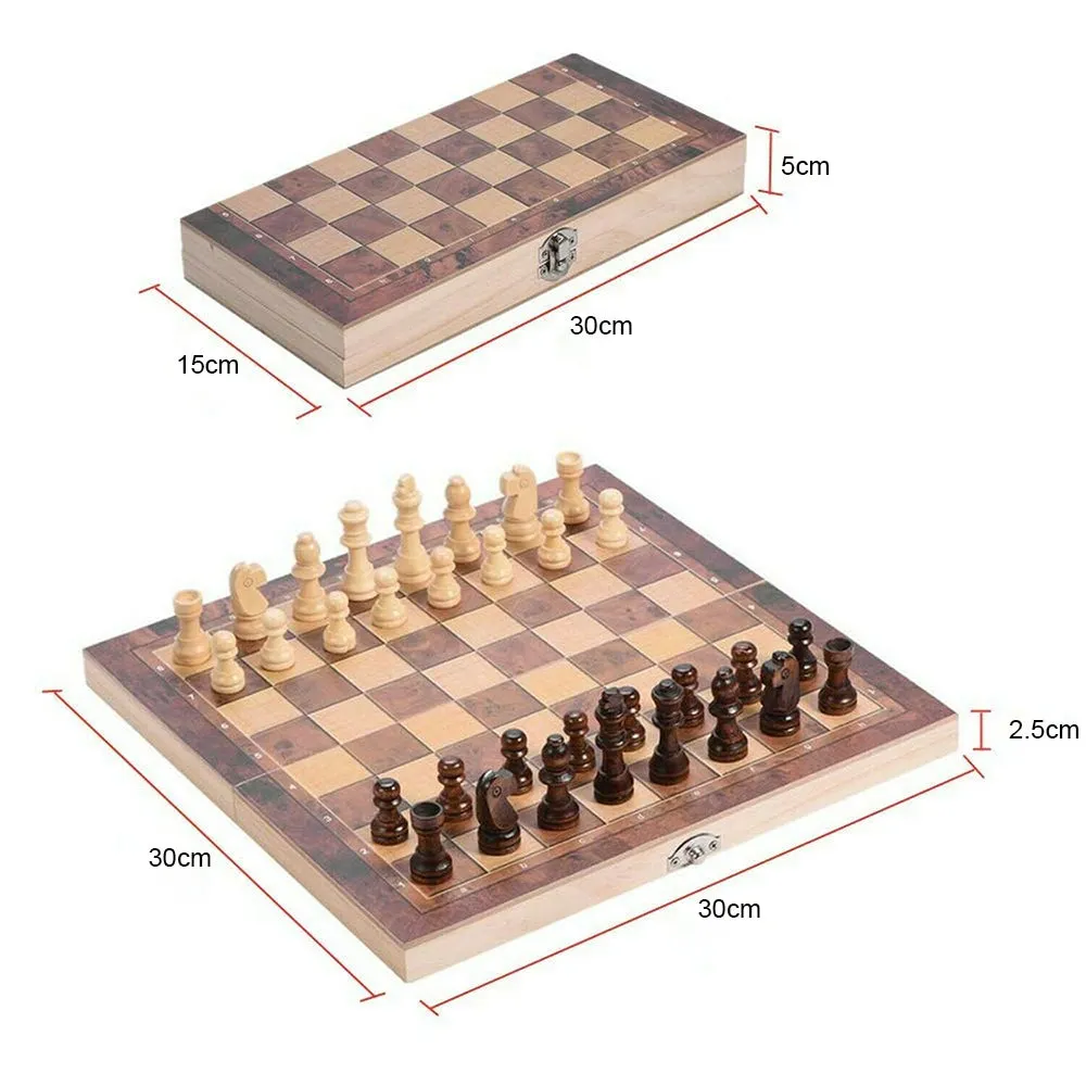 Foldable 3-in-1 Wooden Chess, Draughts & Backgammon Set