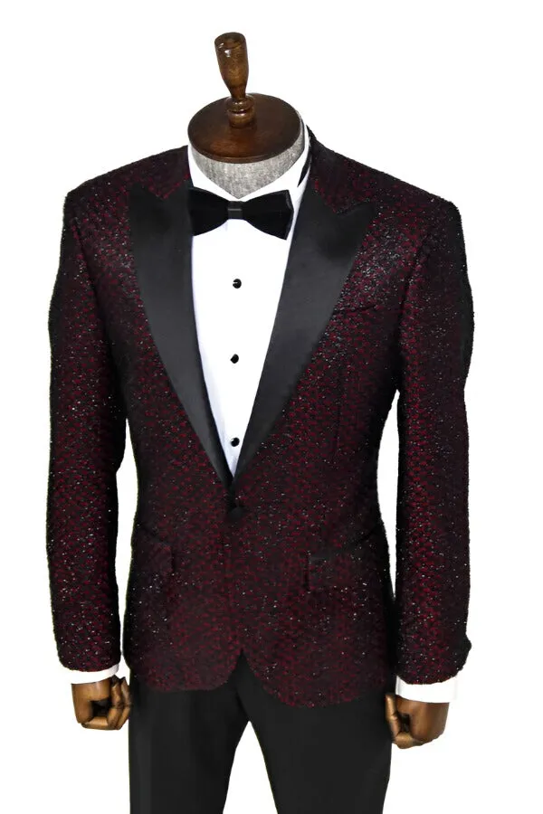 Gingham Patterned Glittery Burgundy Men Prom Party Blazer - Wessi