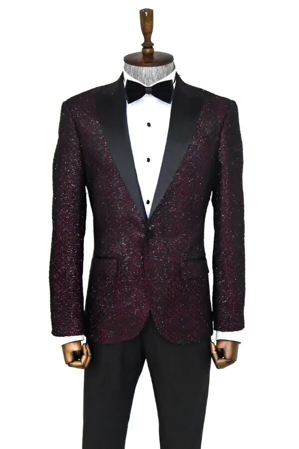 Gingham Patterned Glittery Burgundy Men Prom Party Blazer - Wessi