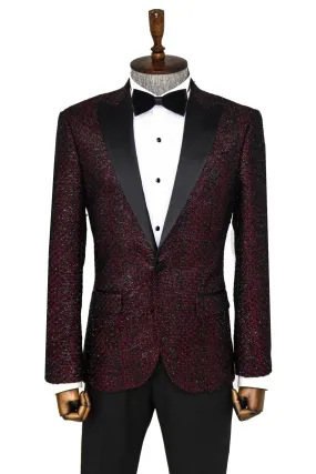 Gingham Patterned Glittery Burgundy Men Prom Party Blazer - Wessi