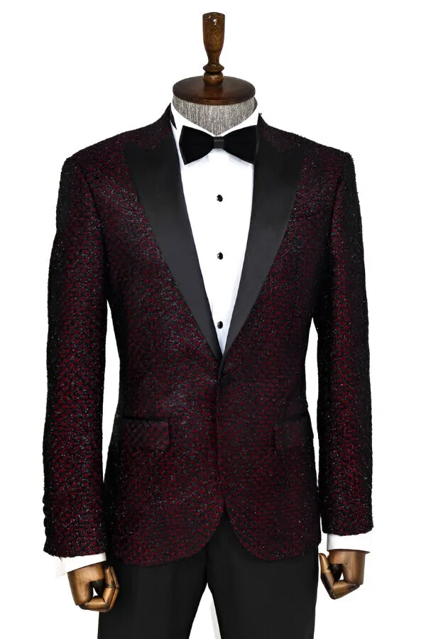 Gingham Patterned Glittery Burgundy Men Prom Party Blazer - Wessi