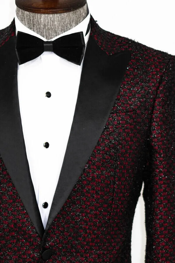 Gingham Patterned Glittery Burgundy Men Prom Party Blazer - Wessi