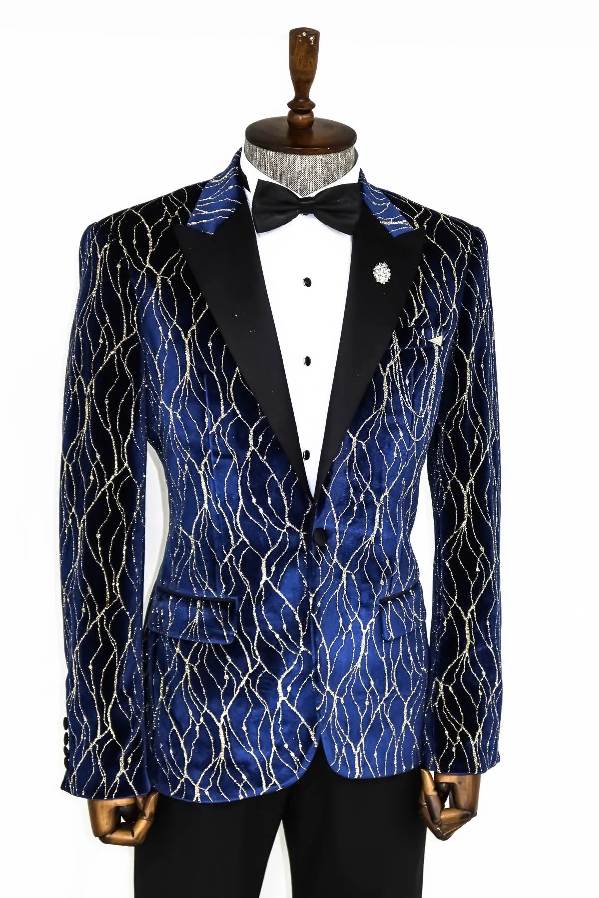 Gold Patterned Navy Blue Men Evening Tuxedo Blazer - Wessi