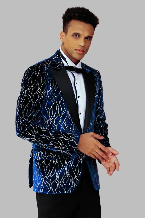 Gold Patterned Navy Blue Men Evening Tuxedo Blazer - Wessi