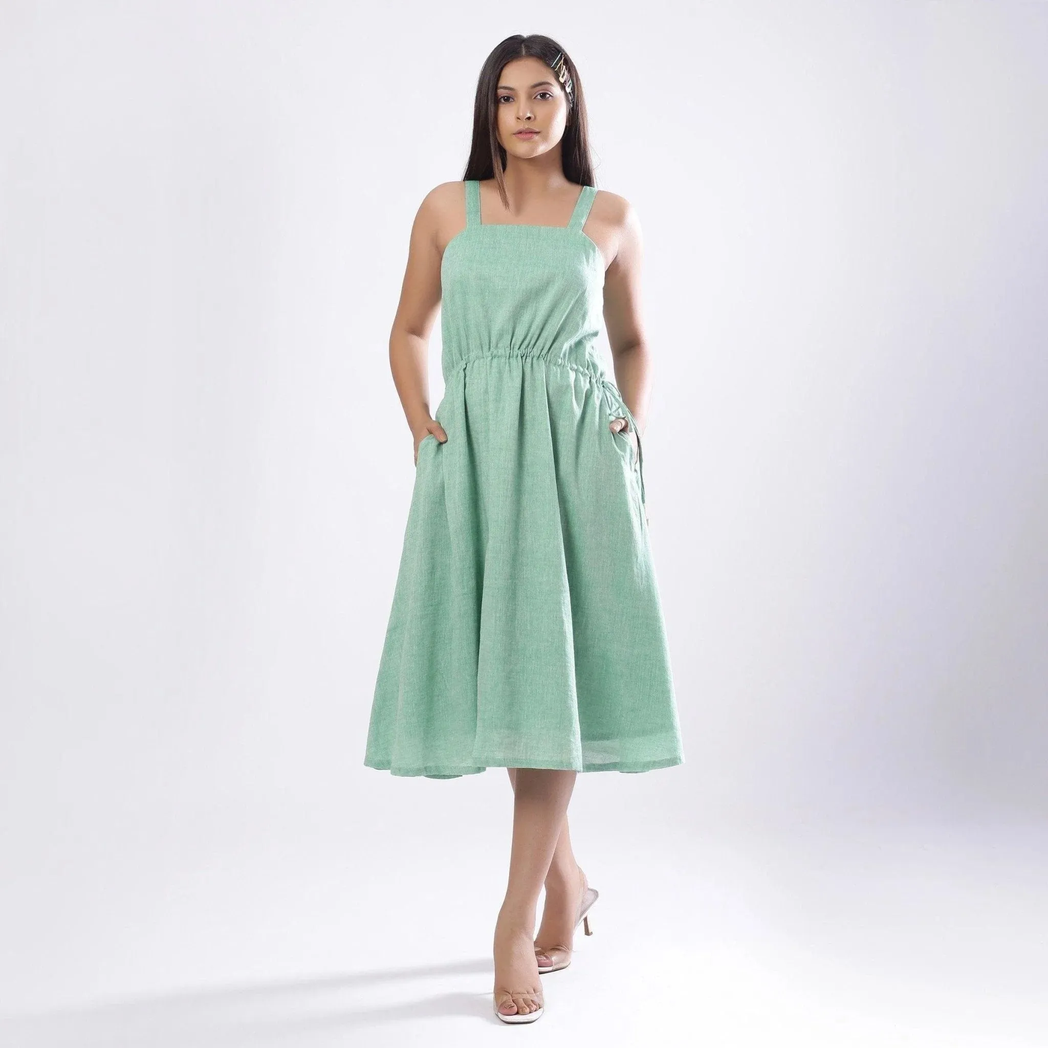 Green Cotton Muslin Strappy Circular Midi Dress