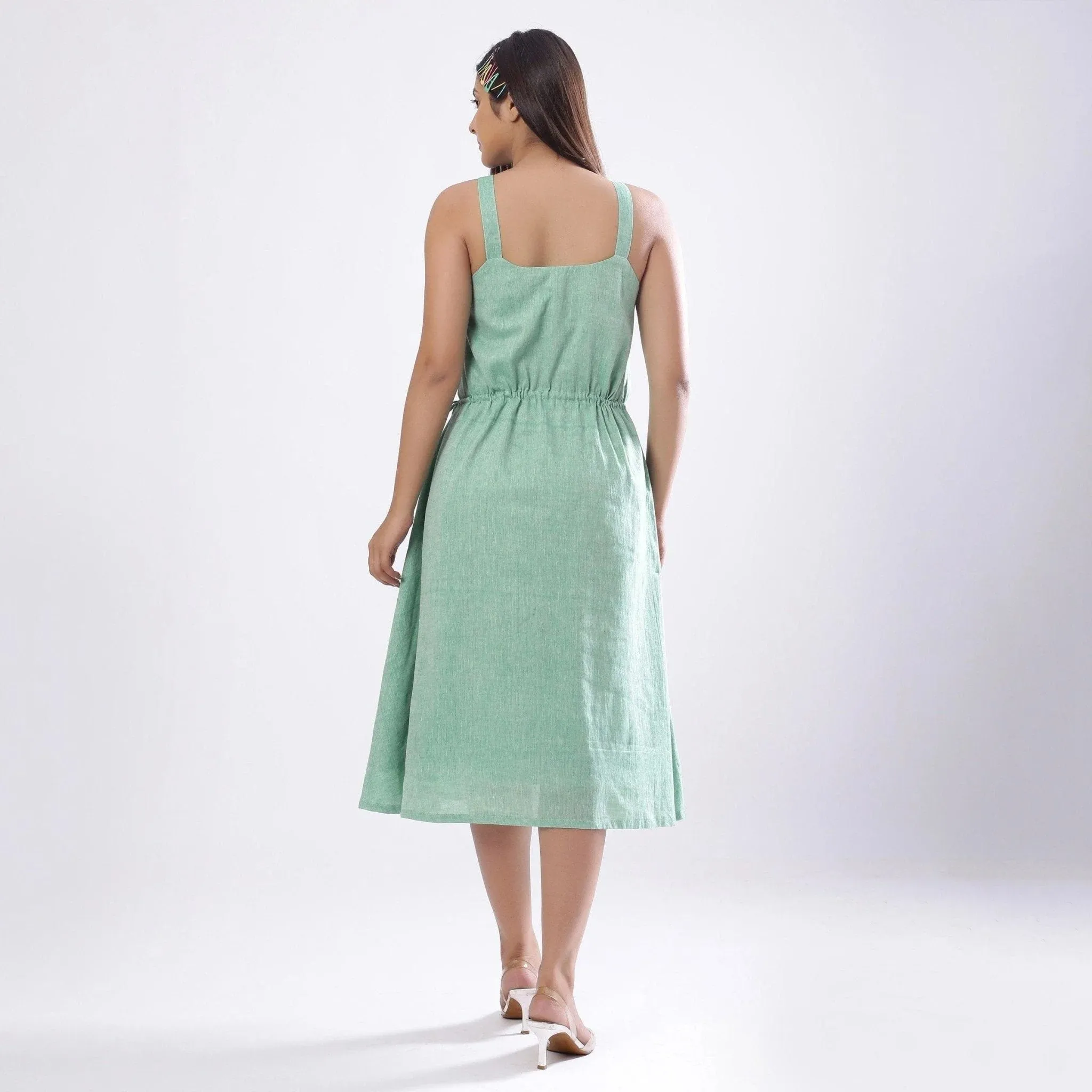 Green Cotton Muslin Strappy Circular Midi Dress