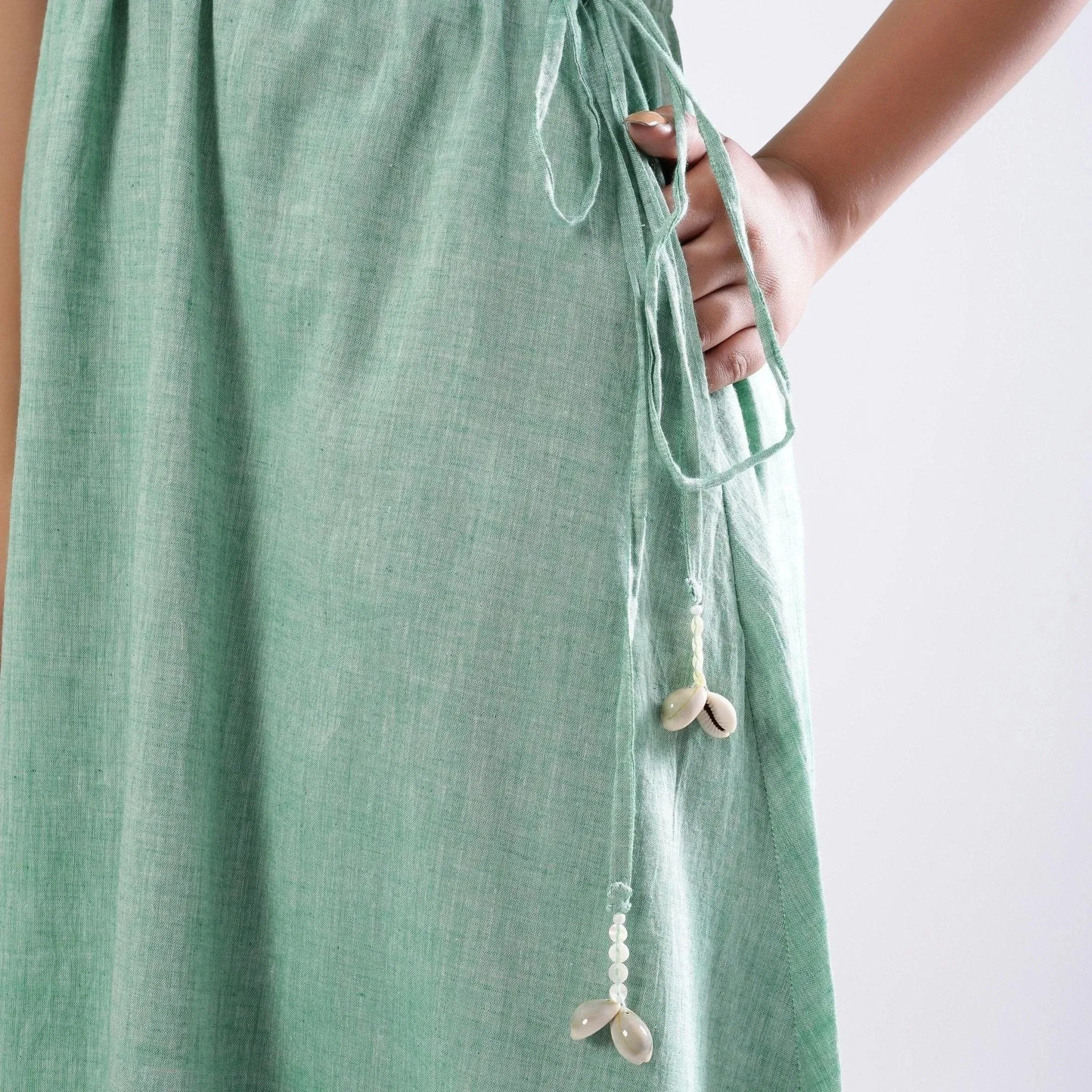 Green Cotton Muslin Strappy Circular Midi Dress