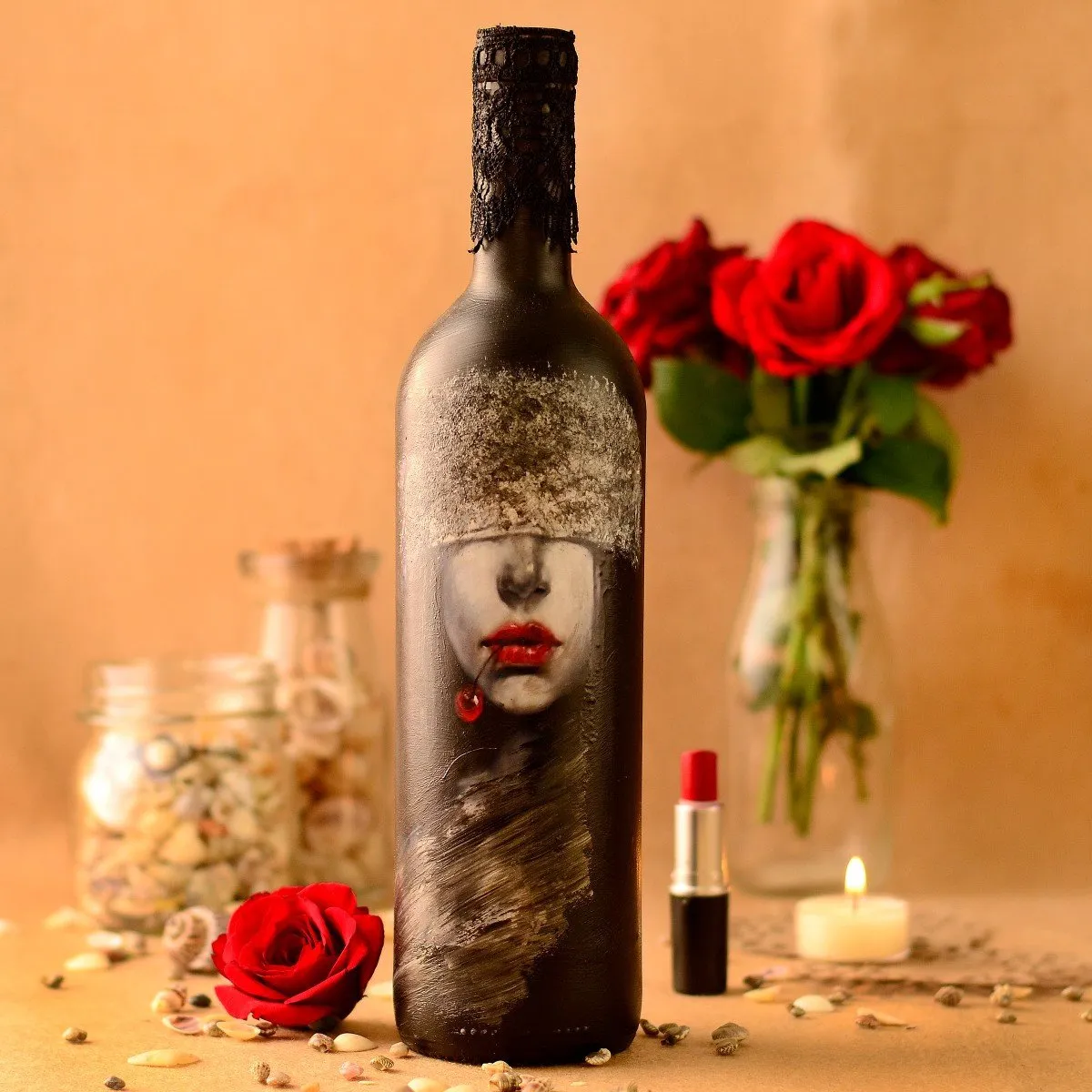 Hand Painted Girl With Red Lipstick Bottle