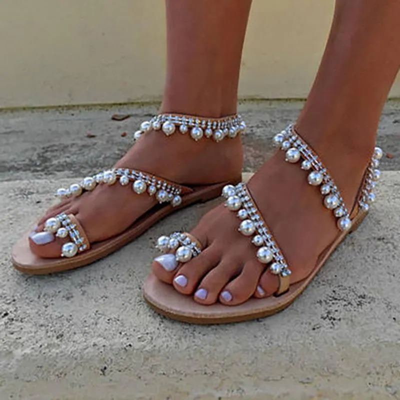 Handmade Sandals Pearls Summer Flat Sandals For Women Summer