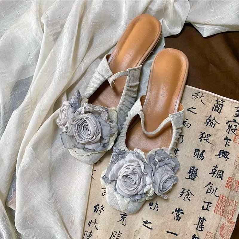 Handmade Vintage Chinese Style Cloth Art Elegant Wabi-Sabi Dried Rose Flower Flat Shoes