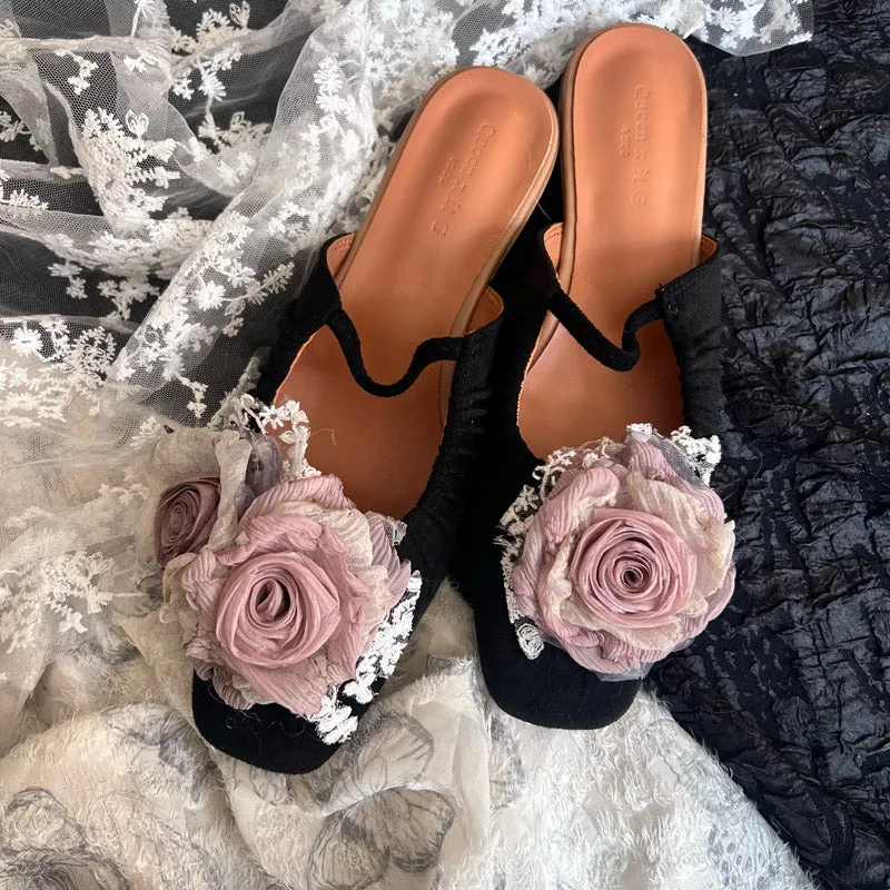 Handmade Vintage Chinese Style Cloth Art Elegant Wabi-Sabi Dried Rose Flower Flat Shoes