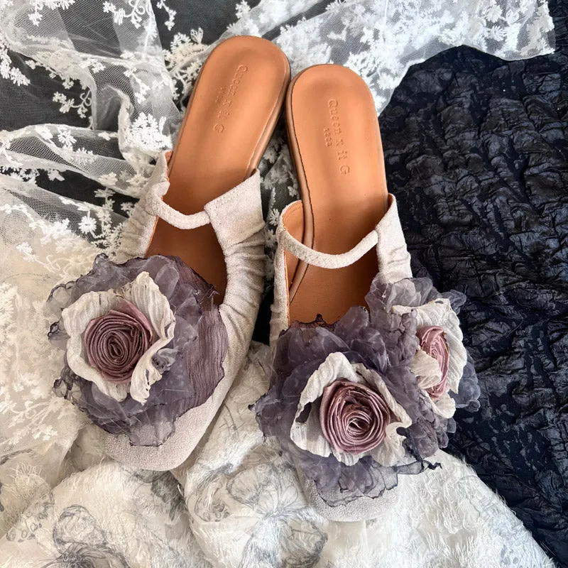 Handmade Vintage Chinese Style Cloth Art Elegant Wabi-Sabi Dried Rose Flower Flat Shoes