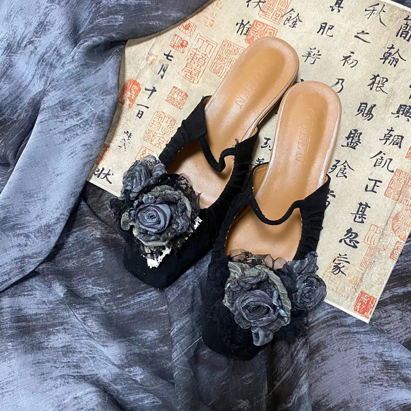 Handmade Vintage Chinese Style Cloth Art Elegant Wabi-Sabi Dried Rose Flower Flat Shoes