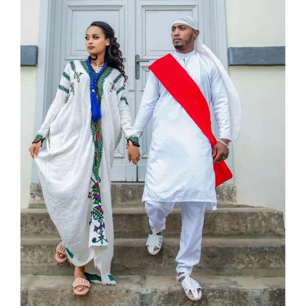 Handwoven Couples Matching Traditional Cloth for Men and Women Habesha Couples Cloth Including Man's Shoes