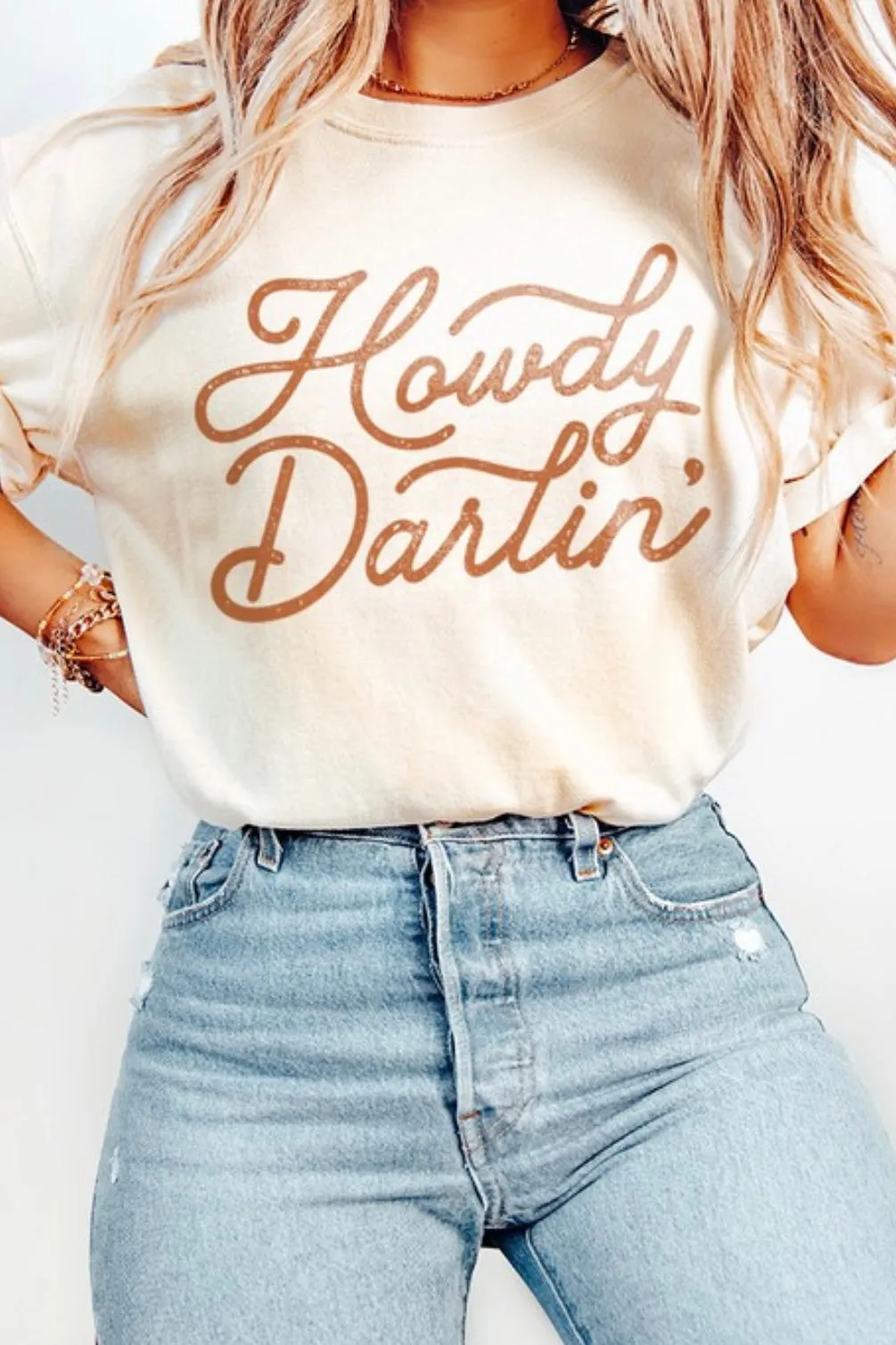 HOWDY DARLING IVORY/BROWN TEE