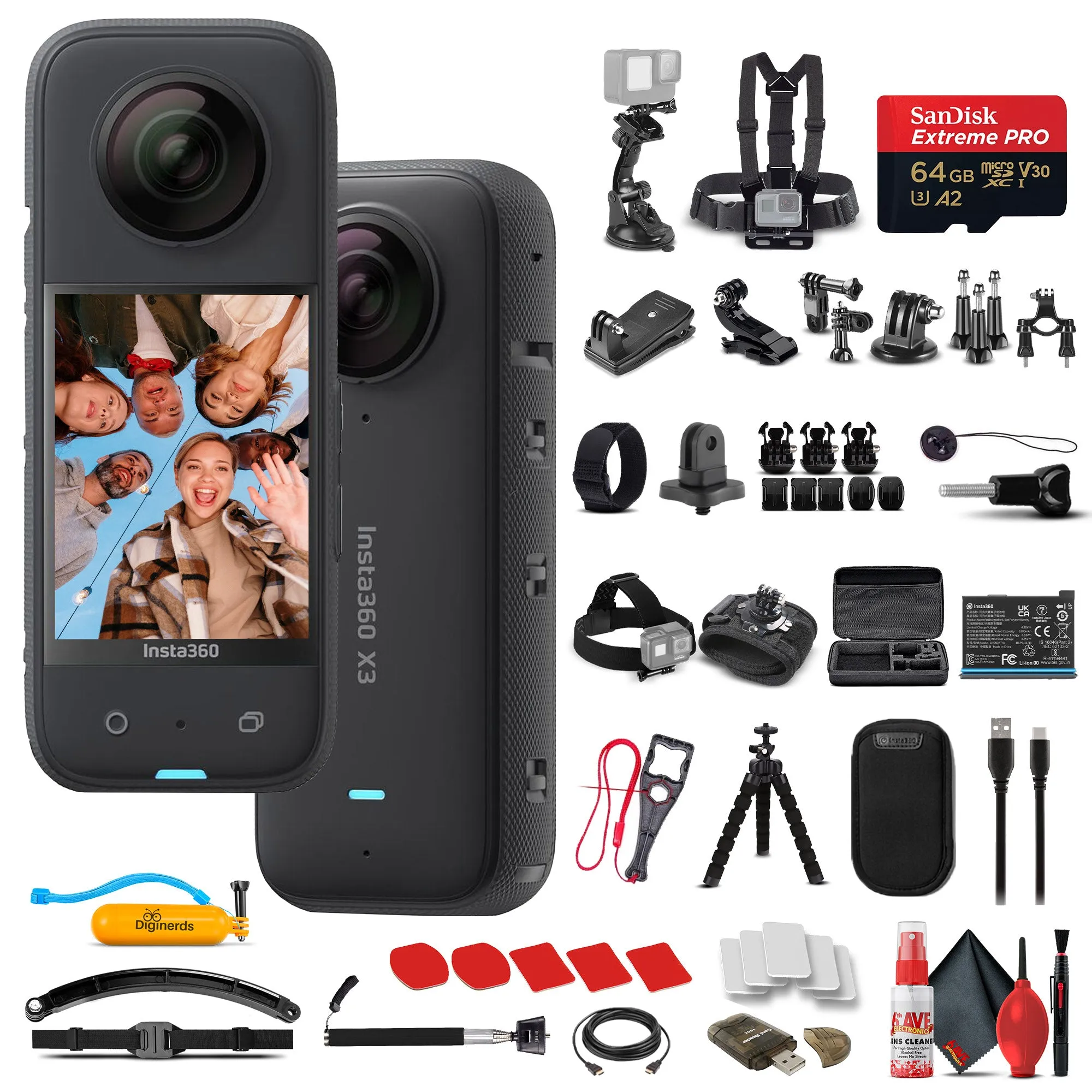 Insta360 X3 - Waterproof 360 Camera   50-in-1 Accessory Kit   64GB Card Bundle