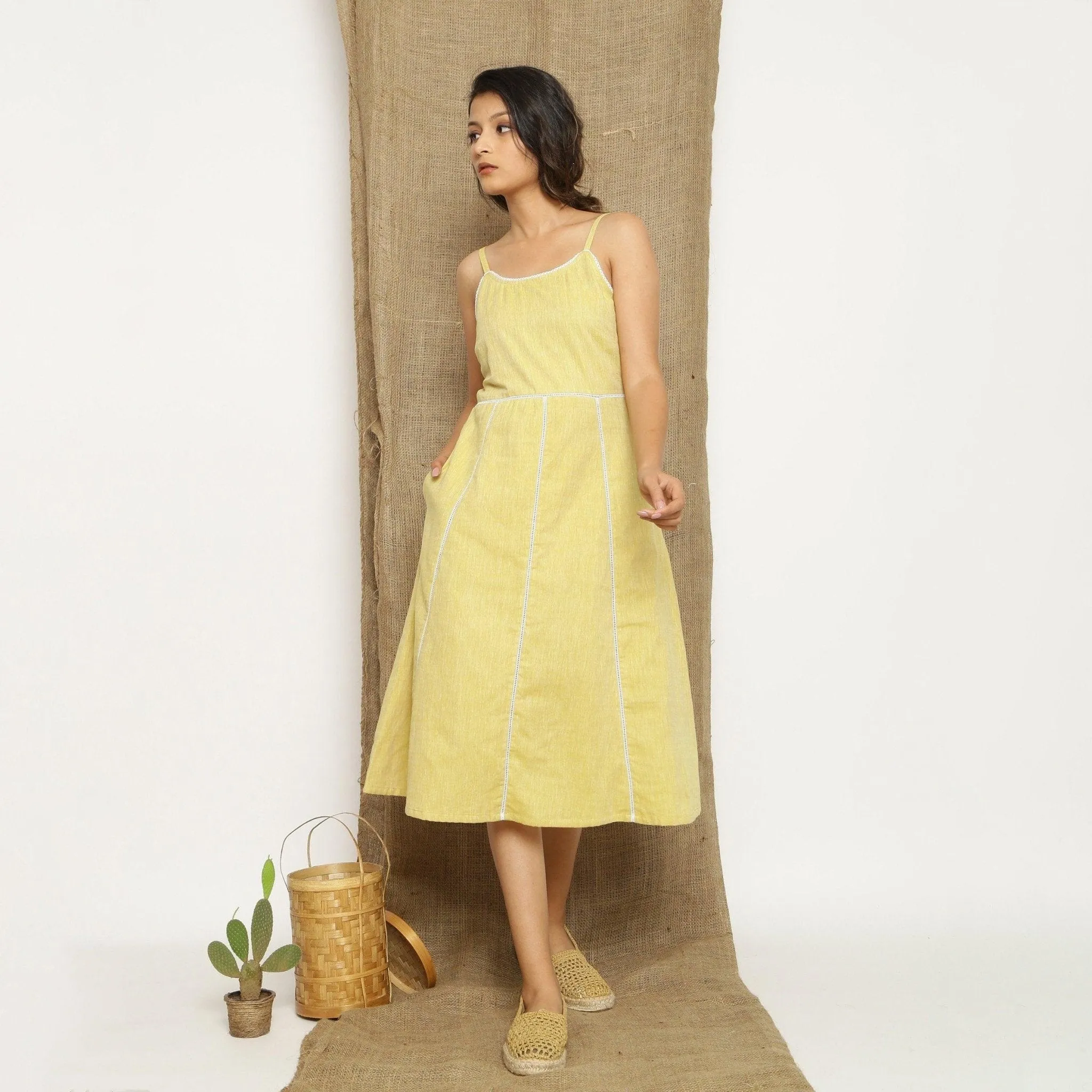 Light Yellow Handspun Cotton Lace Camisole Midi Dress