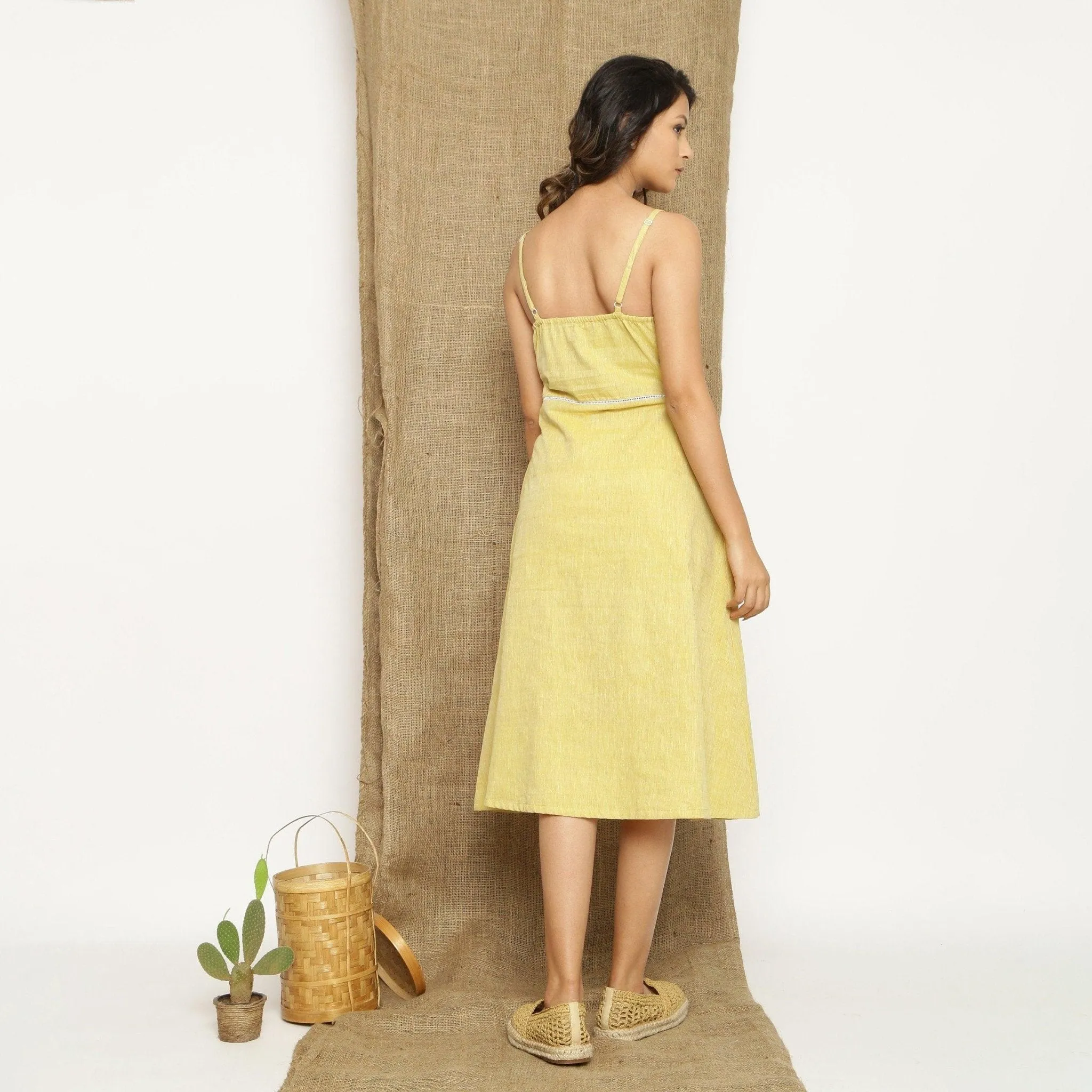 Light Yellow Handspun Cotton Lace Camisole Midi Dress