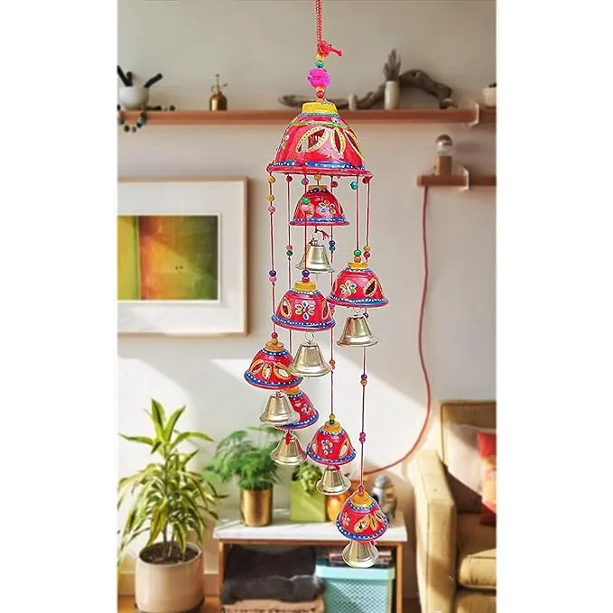 Mellay Comelyns Wind Chimes for Home Positive Energy Rajasthani Painting Design 8 Bells Decorative Windchime Rajasthani Design Handcrafted Hanging Windchimes|Latkan with 8 Bells for Home Décor