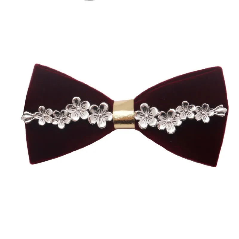 Men's Dark Burgundy Gold Silver Floral Metal Bow Tie