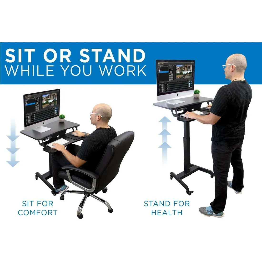 Mount-It! Electric Mobile Height-Adjustable Sit-Stand Workstation on Wheels w/ Programmable Controller, MI-7982