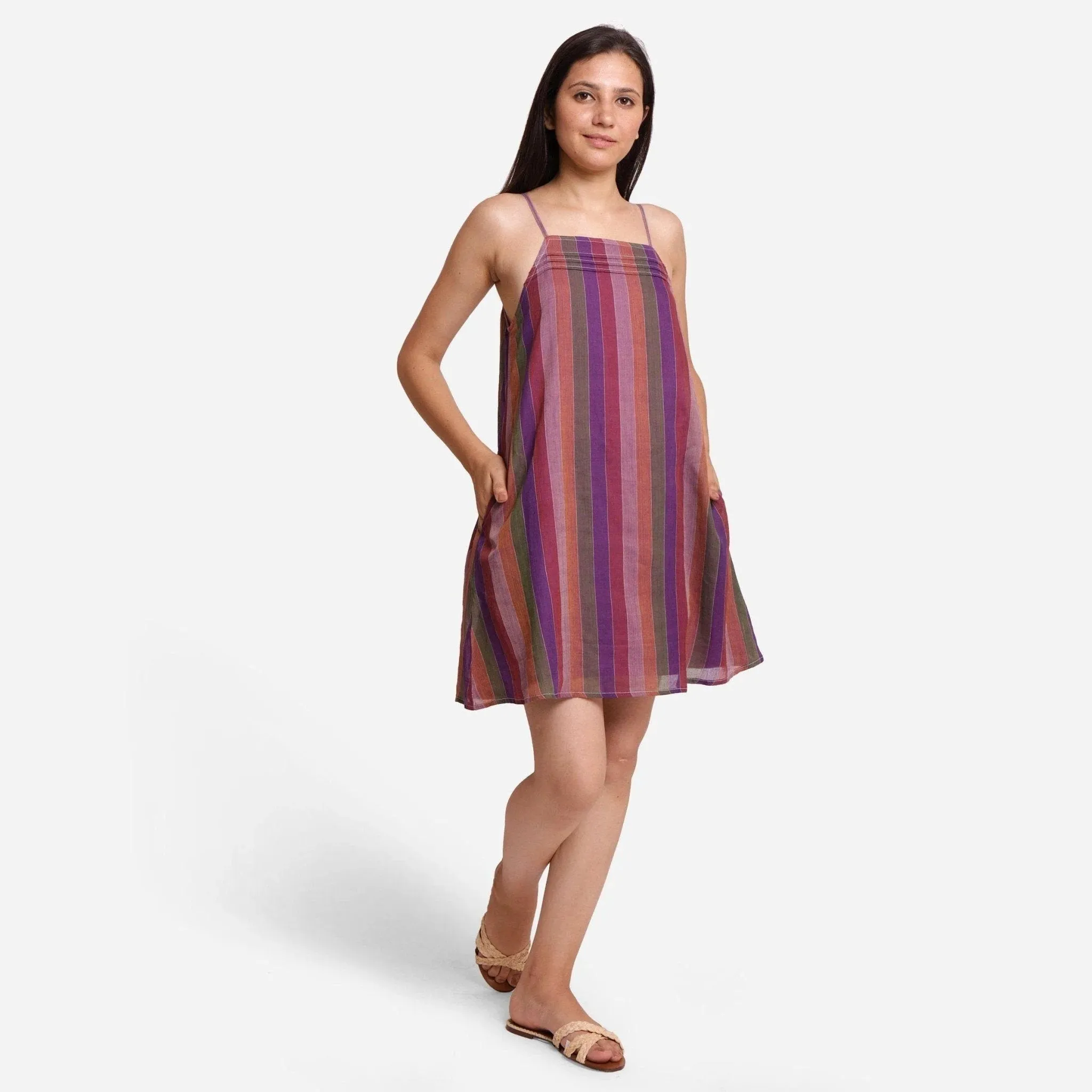 Multicolor Strappy Handspun Cotton Striped Camisole Short Dress