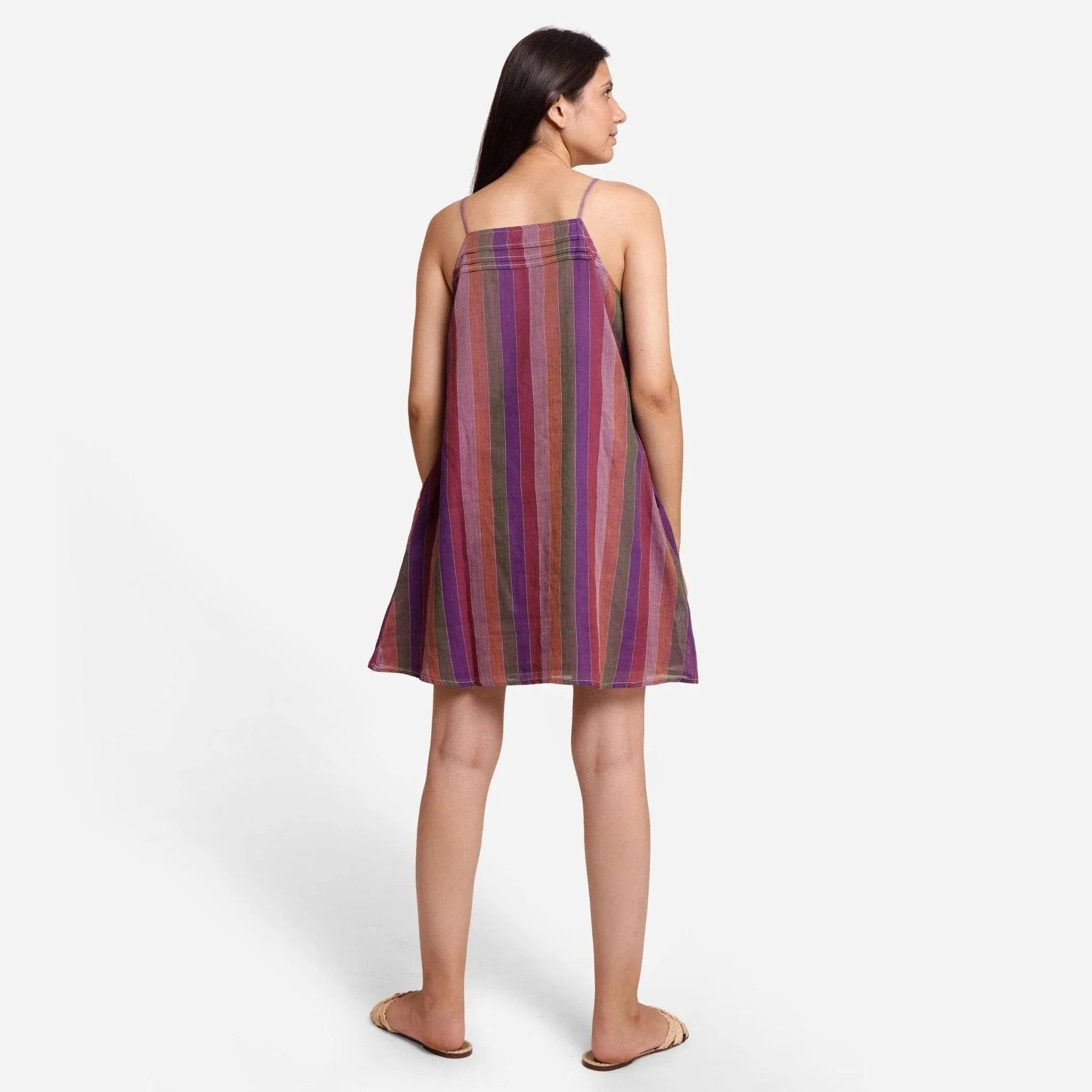 Multicolor Strappy Handspun Cotton Striped Camisole Short Dress