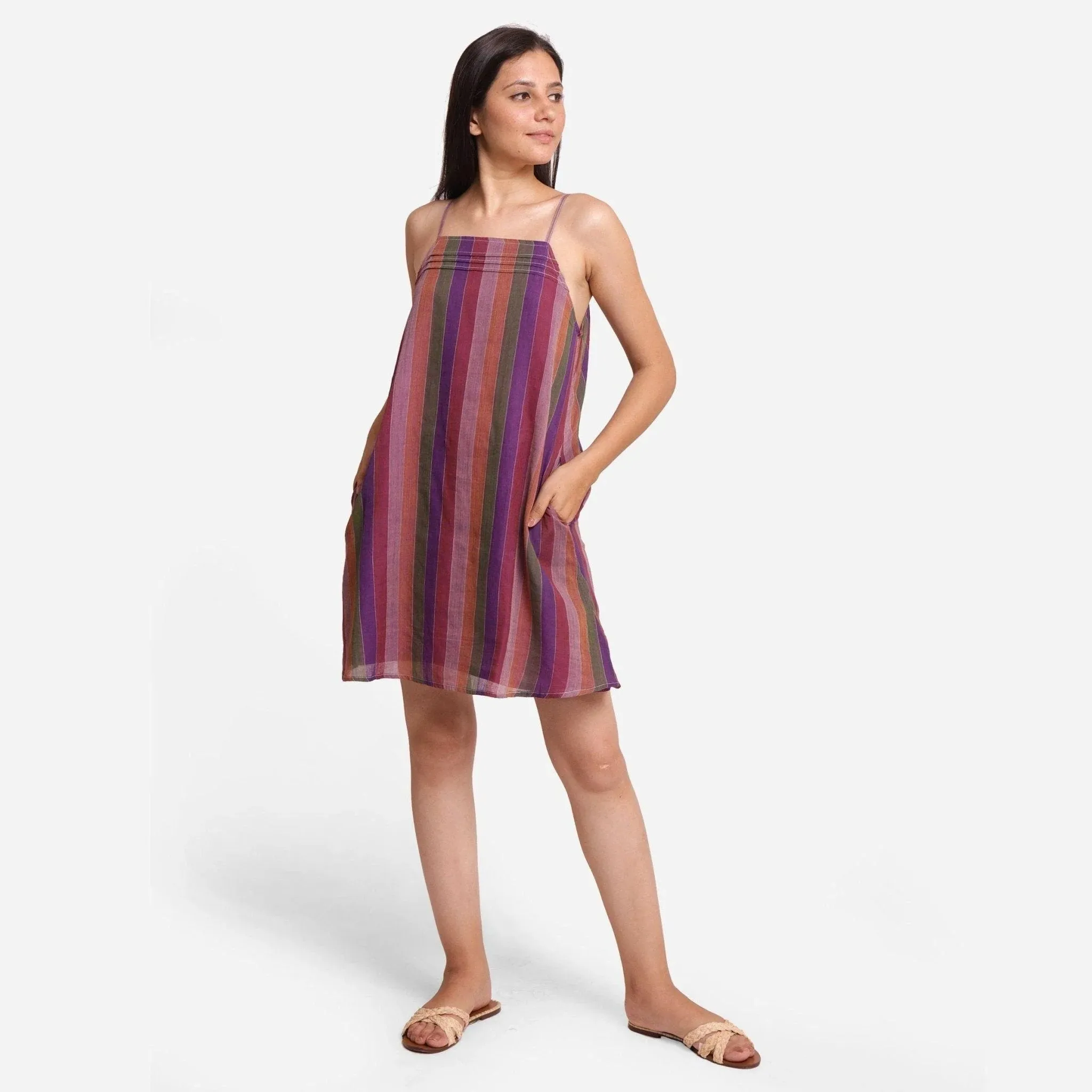 Multicolor Strappy Handspun Cotton Striped Camisole Short Dress