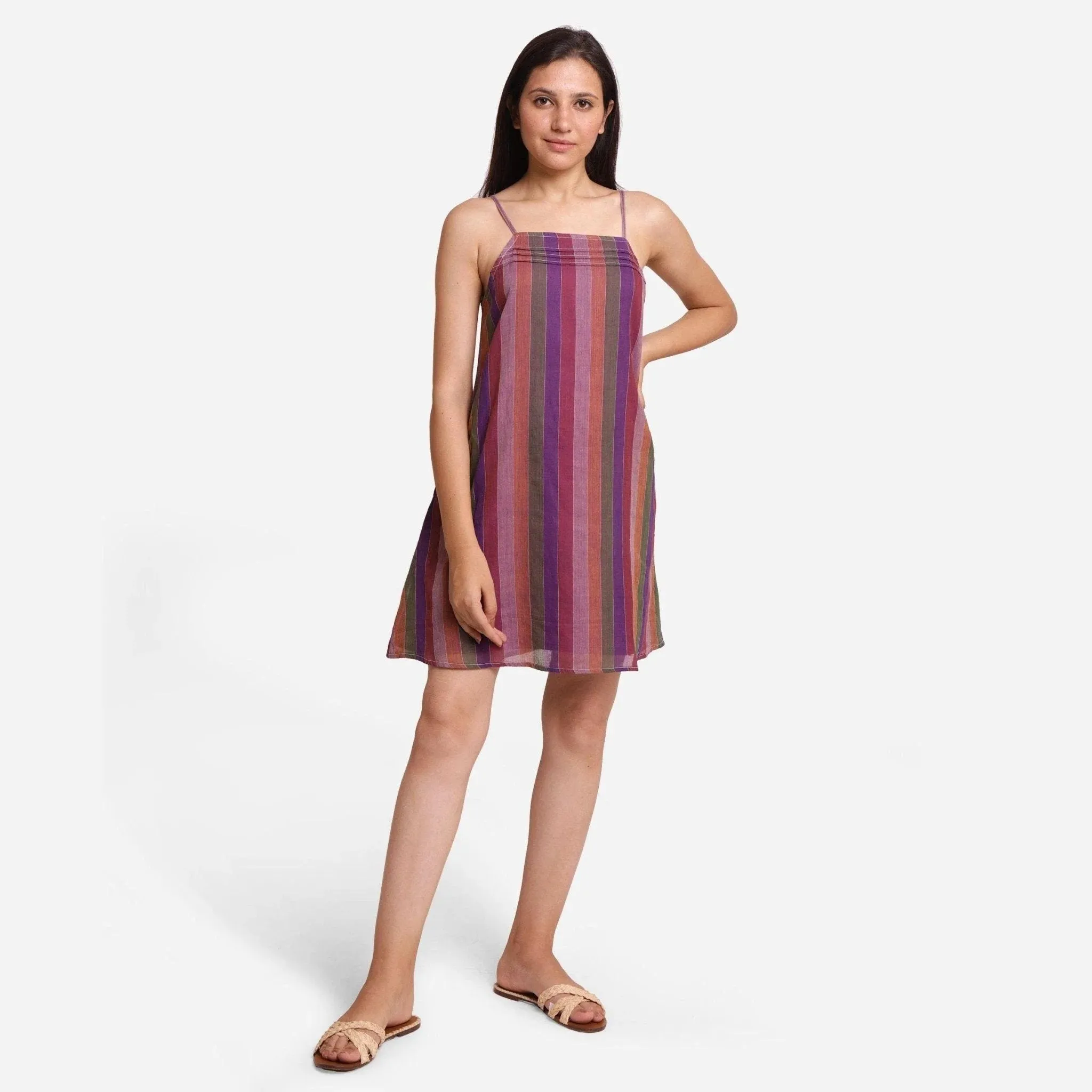 Multicolor Strappy Handspun Cotton Striped Camisole Short Dress