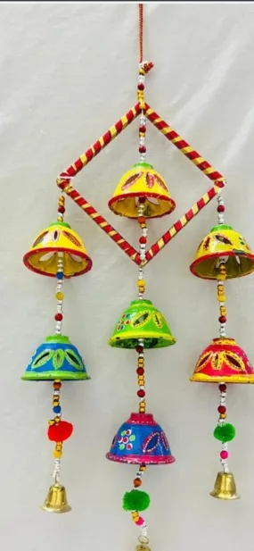 Multicolour Handcrafted Decorative Seven Elephant Wall, Door, Window Hanging Bells Chimes Showpiece for Home Decor, Wall Decor, Pooja Room Temple, Diwali Gift, Corporate Gift (Pack of 1)