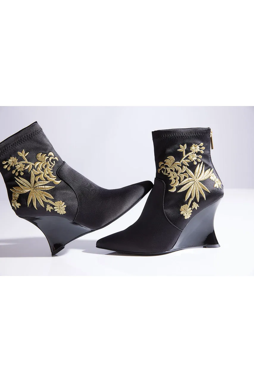 Neko Satin Embroidery Wedge Ankle Boot