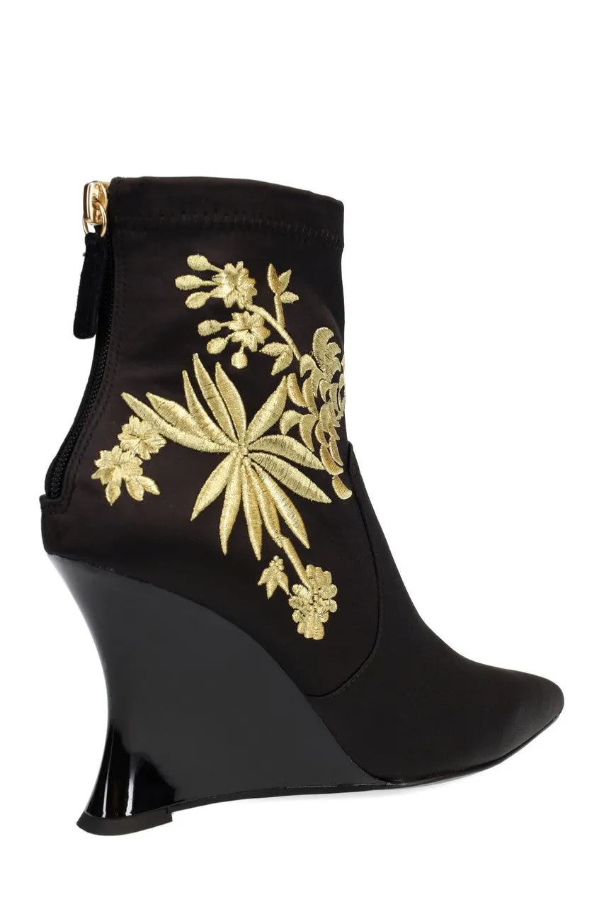 Neko Satin Embroidery Wedge Ankle Boot