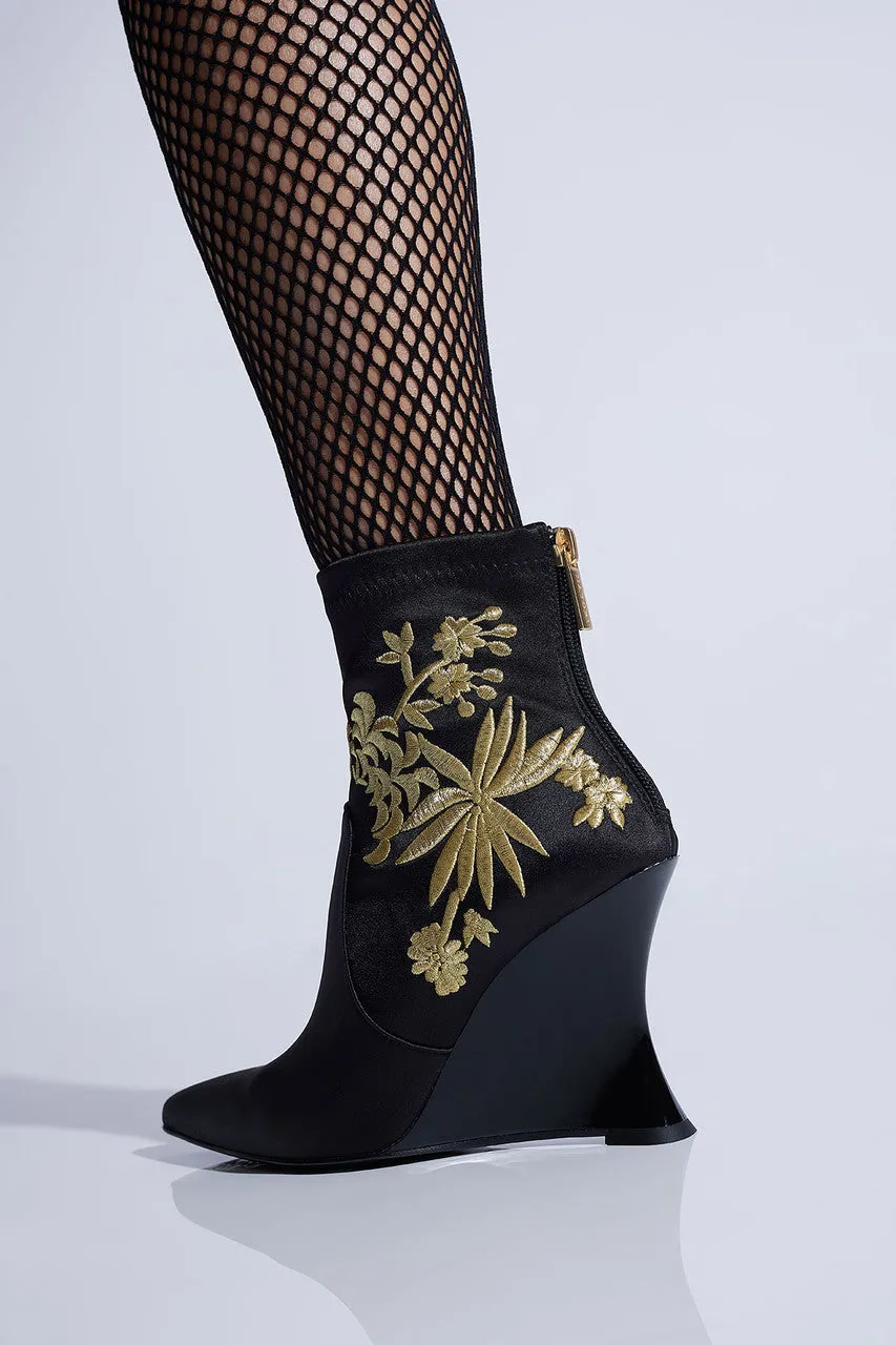 Neko Satin Embroidery Wedge Ankle Boot