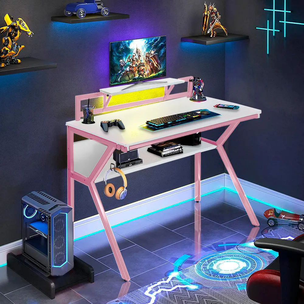 Neo Pink Ergonomic 2 Tier Gaming Computer Office Desk