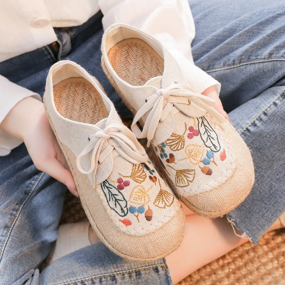 New Autumn Literary Linen Casual Shoes Women's Ethnic Style Embroidered Lace up Cotton Linen Cloth Shoes