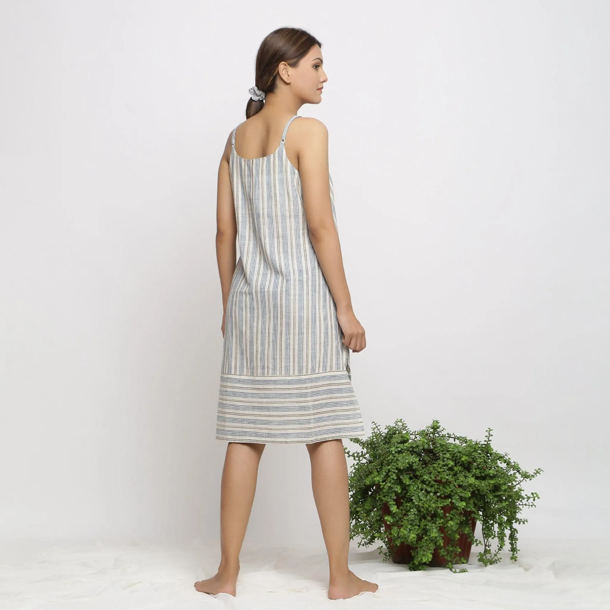 Off-White Strappy Handspun Cotton Striped Knee Length Slit Dress