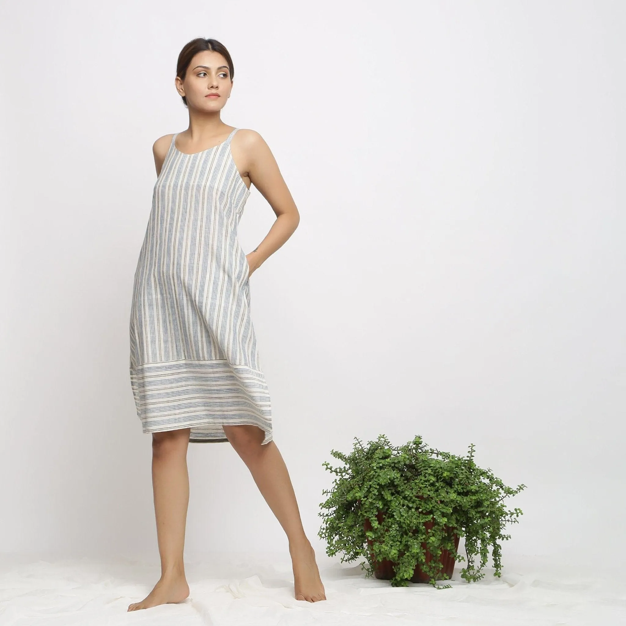 Off-White Strappy Handspun Cotton Striped Knee Length Slit Dress