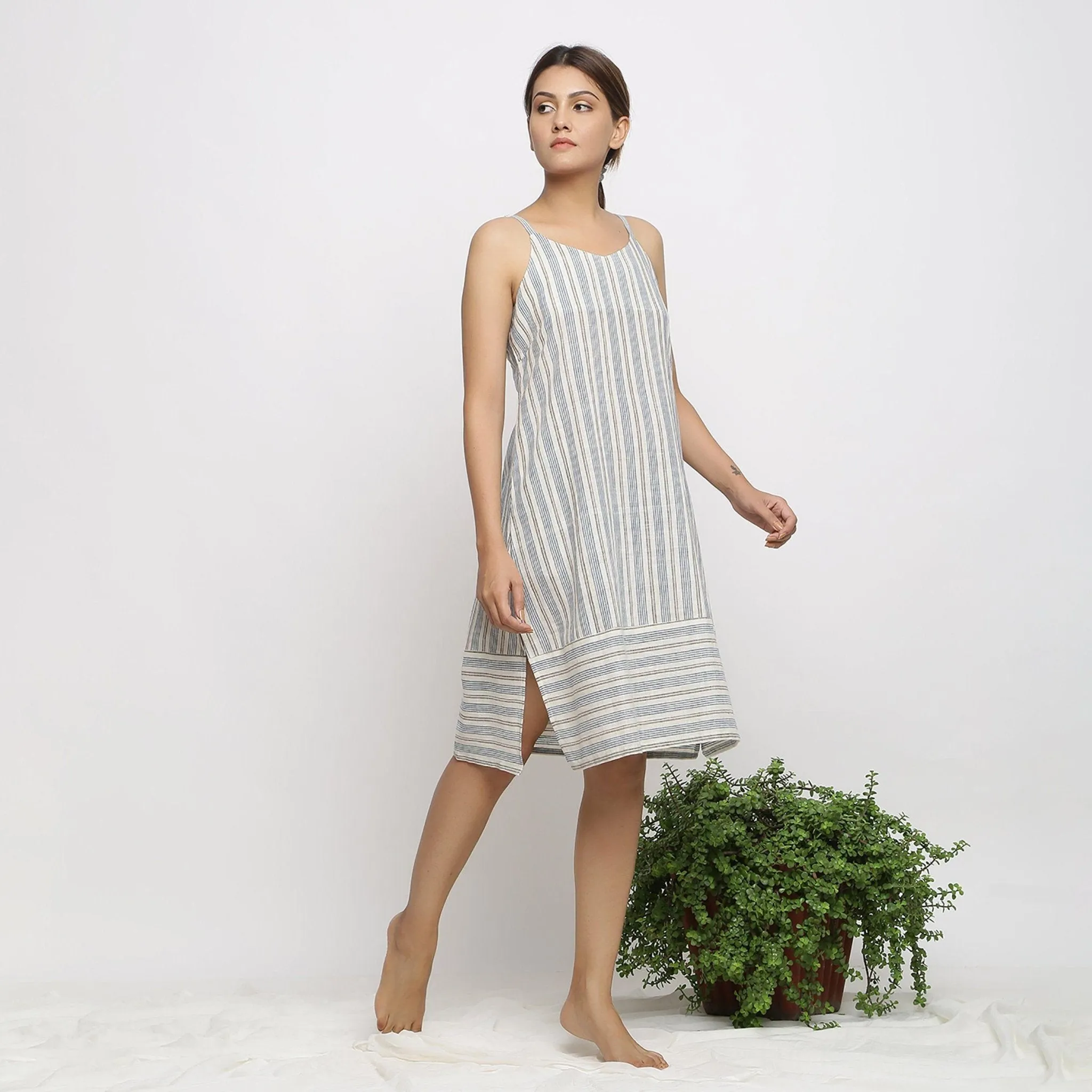 Off-White Strappy Handspun Cotton Striped Knee Length Slit Dress