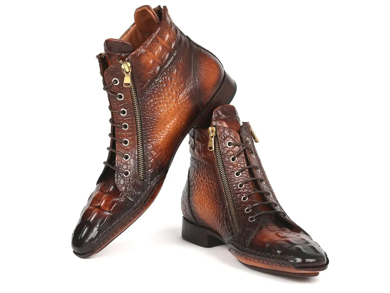 Paul Parkman Croco-Textured Calfskin Handmade Zipper Boots in Brown Burnished