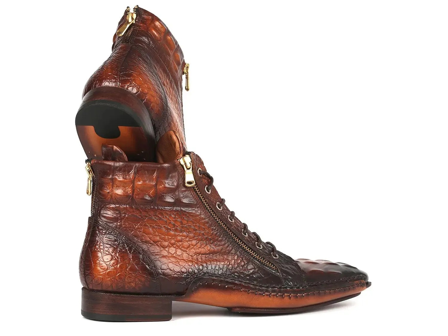 Paul Parkman Croco-Textured Calfskin Handmade Zipper Boots in Brown Burnished