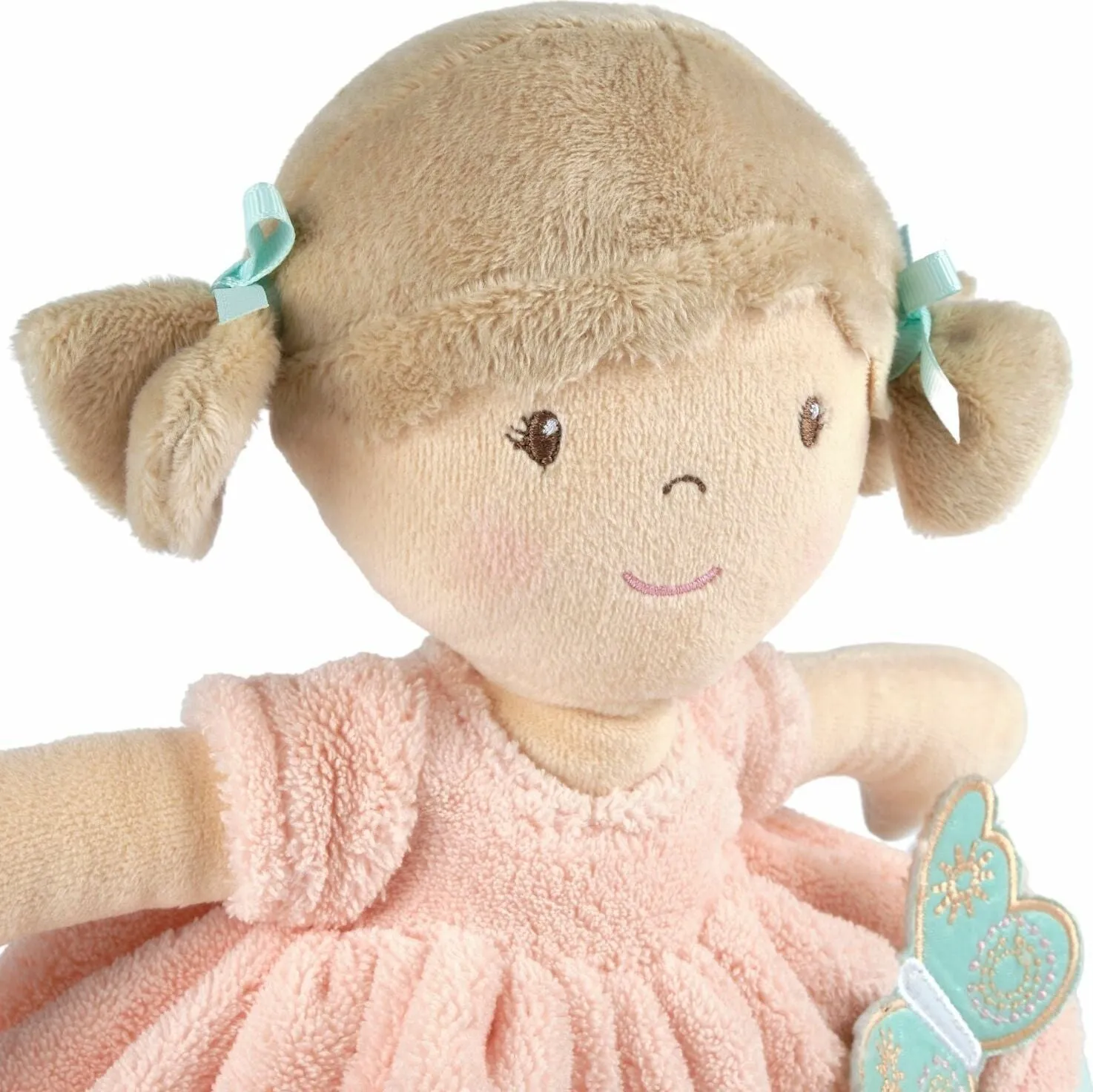 Pia Soft Doll with Light Brown Hair in Peach & Blue Dress