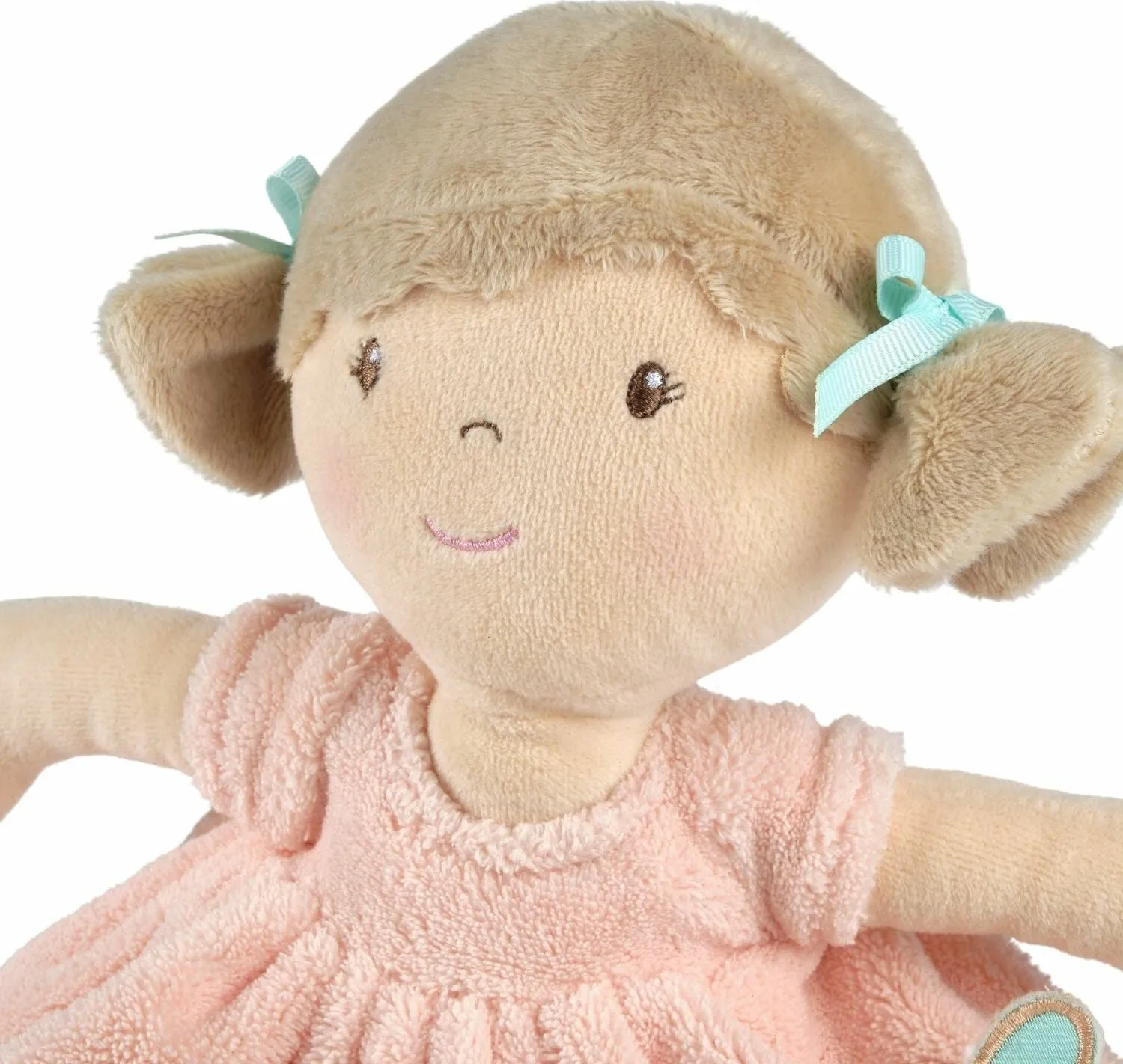 Pia Soft Doll with Light Brown Hair in Peach & Blue Dress