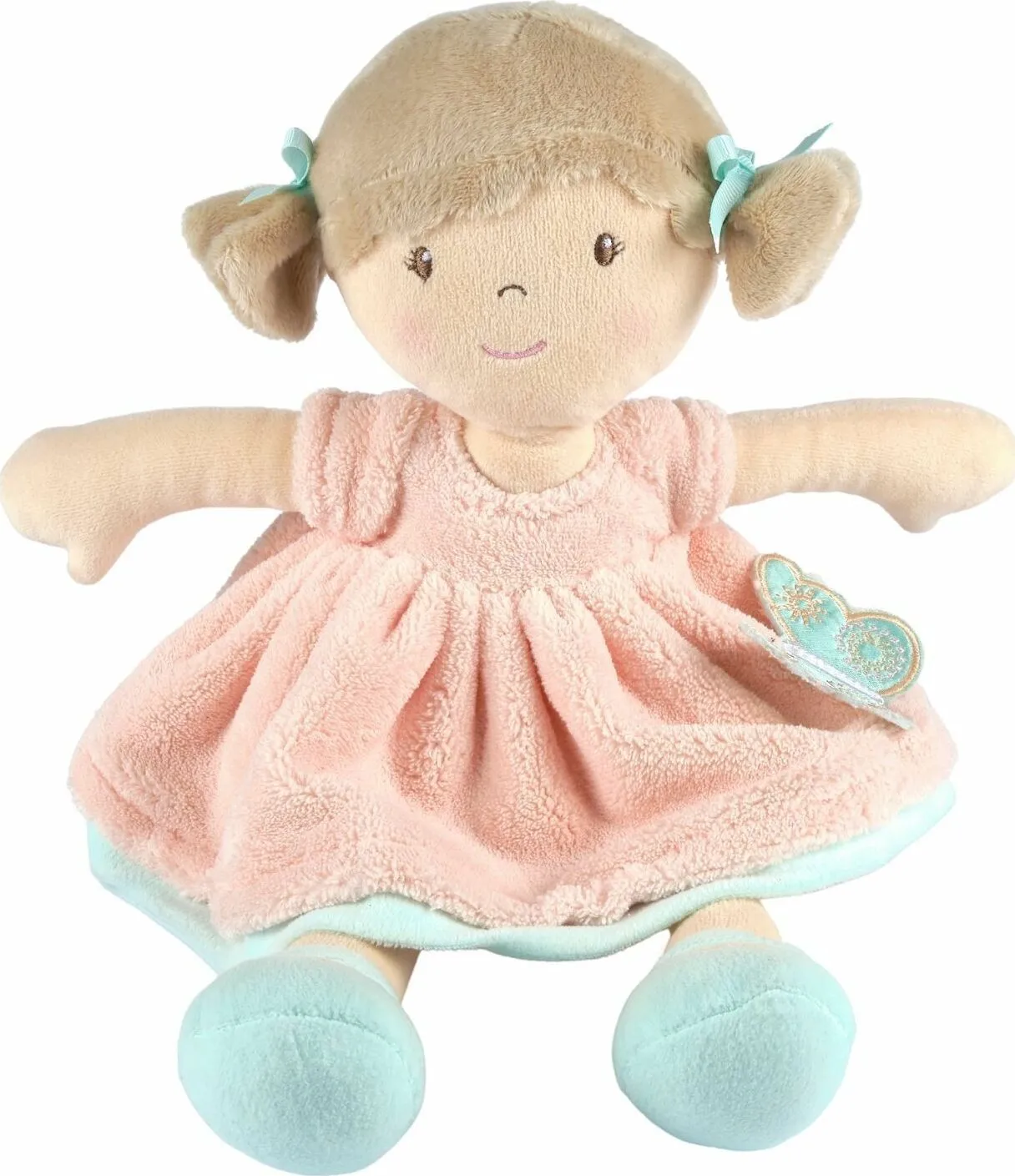 Pia Soft Doll with Light Brown Hair in Peach & Blue Dress