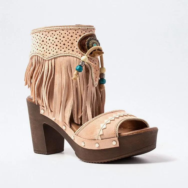 Platform Boot Sandals In 3 Different Colors With Fringe Silver Conchos And Turquoise Wooden Beads Vegan Leather Boho Booties Tan Taupe Or Champagne Pink