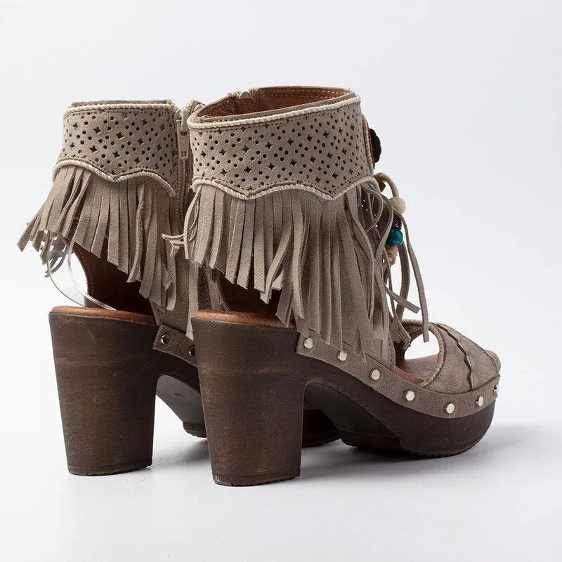 Platform Boot Sandals In 3 Different Colors With Fringe Silver Conchos And Turquoise Wooden Beads Vegan Leather Boho Booties Tan Taupe Or Champagne Pink